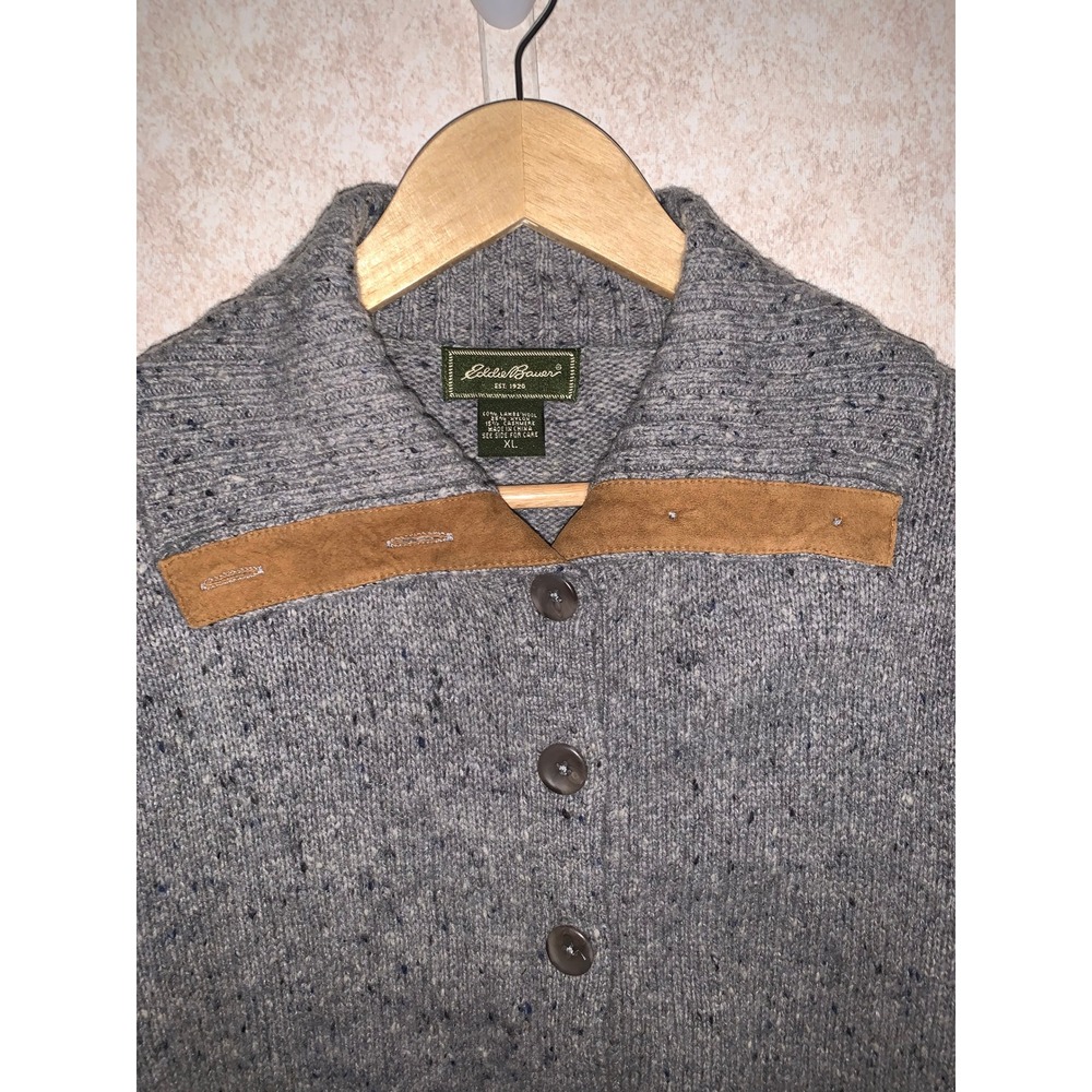 Eddie Bauer Mens XL Gray Lambswool Cashmere Donegal Cardigan Sweater Suede Trim - Picture 3 of 15